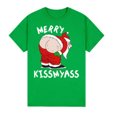 100% Cotton Christmas T-shirt Adult Unisex Tee Tops Funny Santa Party Custume, Merry Kissmyass (Green), 2XL