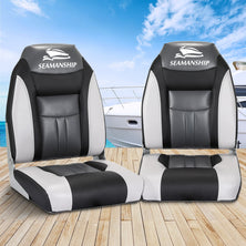 Seamanship 2X Folding Boat Seats Marine Seat Swivel High Back 12cm Padding Black