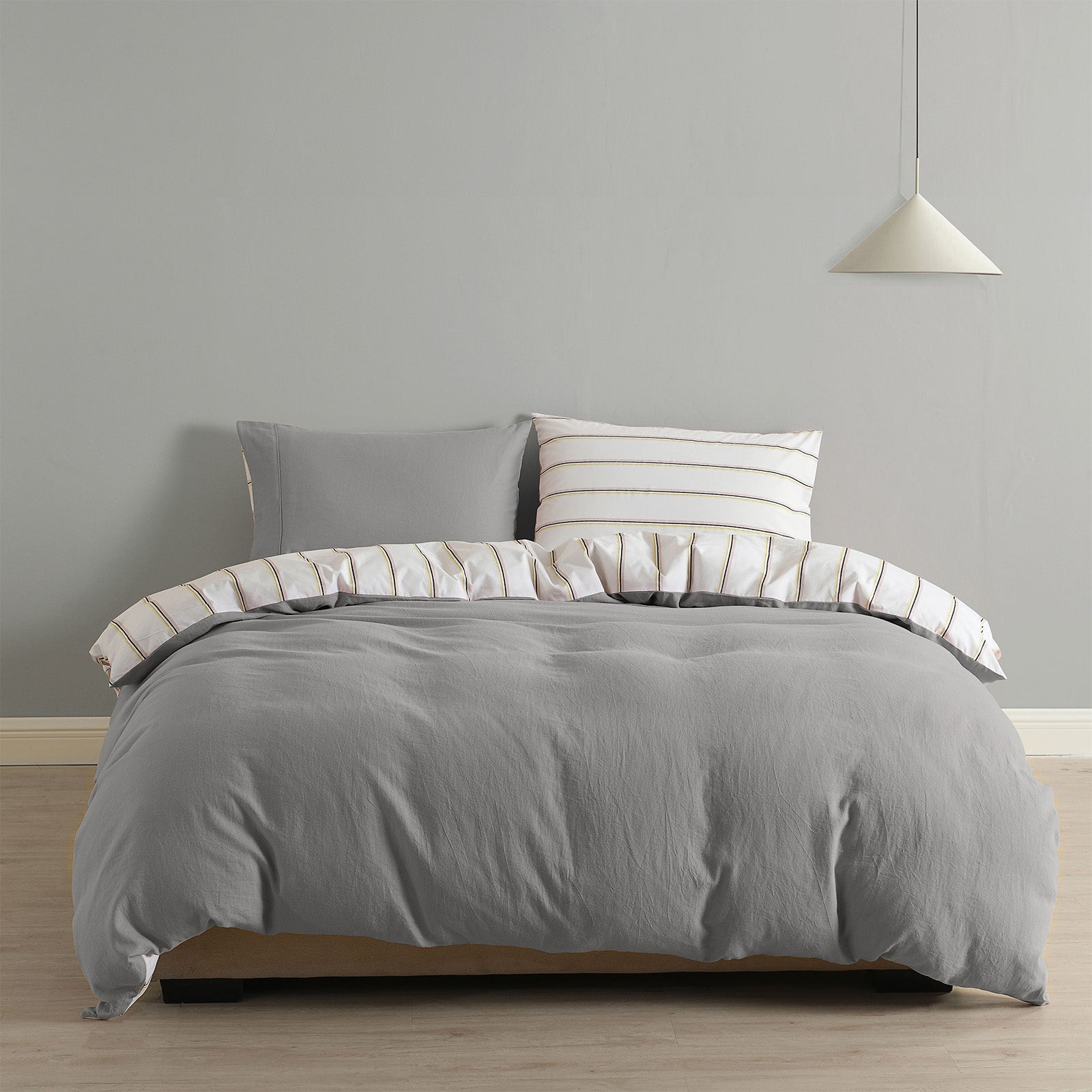Royal Comfort Hemp Braid Cotton Blend Quilt Cover Set Reverse Stripe Bedding - King - Light Grey