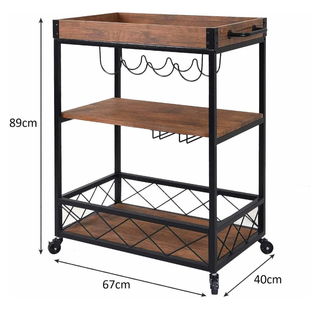 EKKIO 3 Tiers Kitchen Serving Wine Cart Trolley with Wine Rack (Walnut)