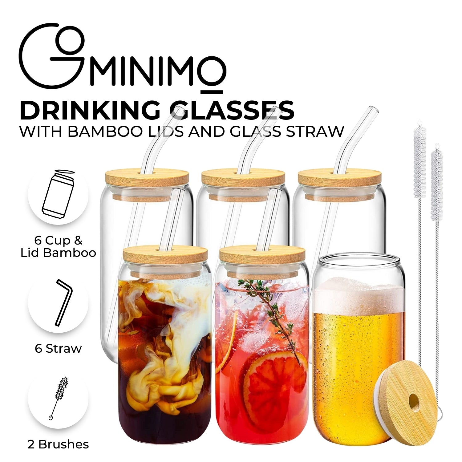GOMINIMO 6 Pcs Clear Drinking Glasses with Bamboo Lids and Glass Straw(16 Oz ) GO-DG-100-FH