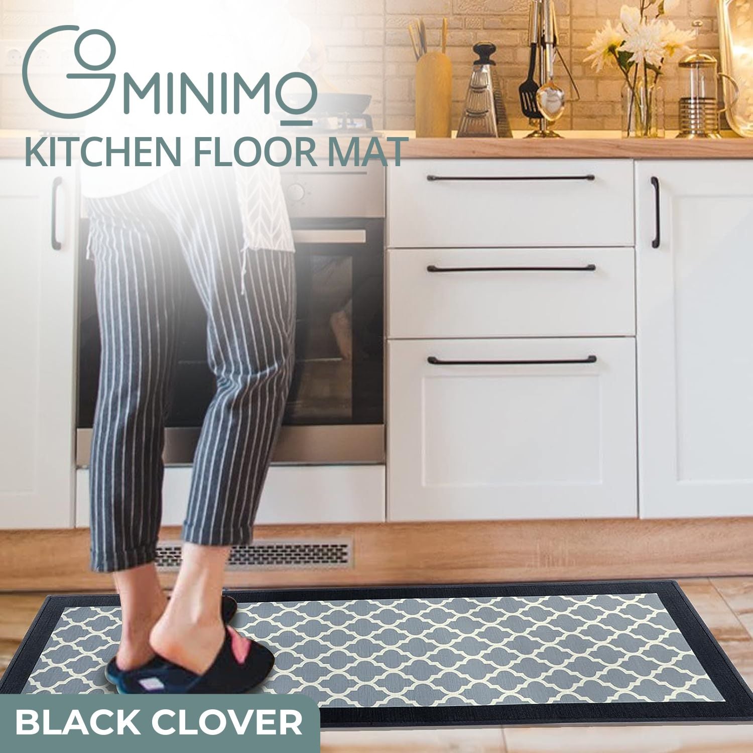GOMINIMO 2 PCS Washable Non Slip Absorbent Kitchen Floor Mat (44x80+44x150cm, Black Lucky Clover) GO-KRM-103-QC