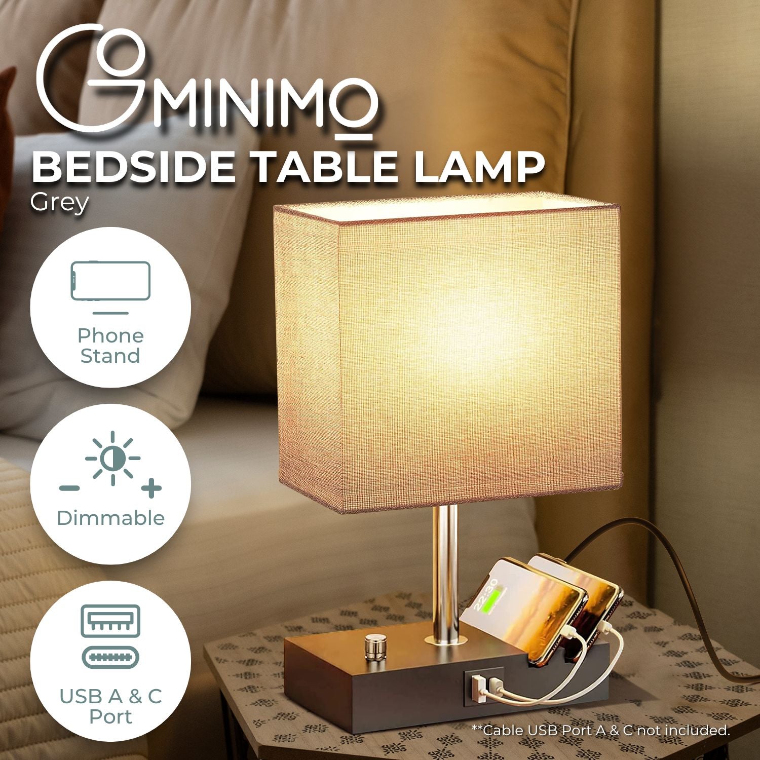 Gominimo Bedside Lamp Vintage 3 Dimmable Light Table Desk with Phone Stand Grey