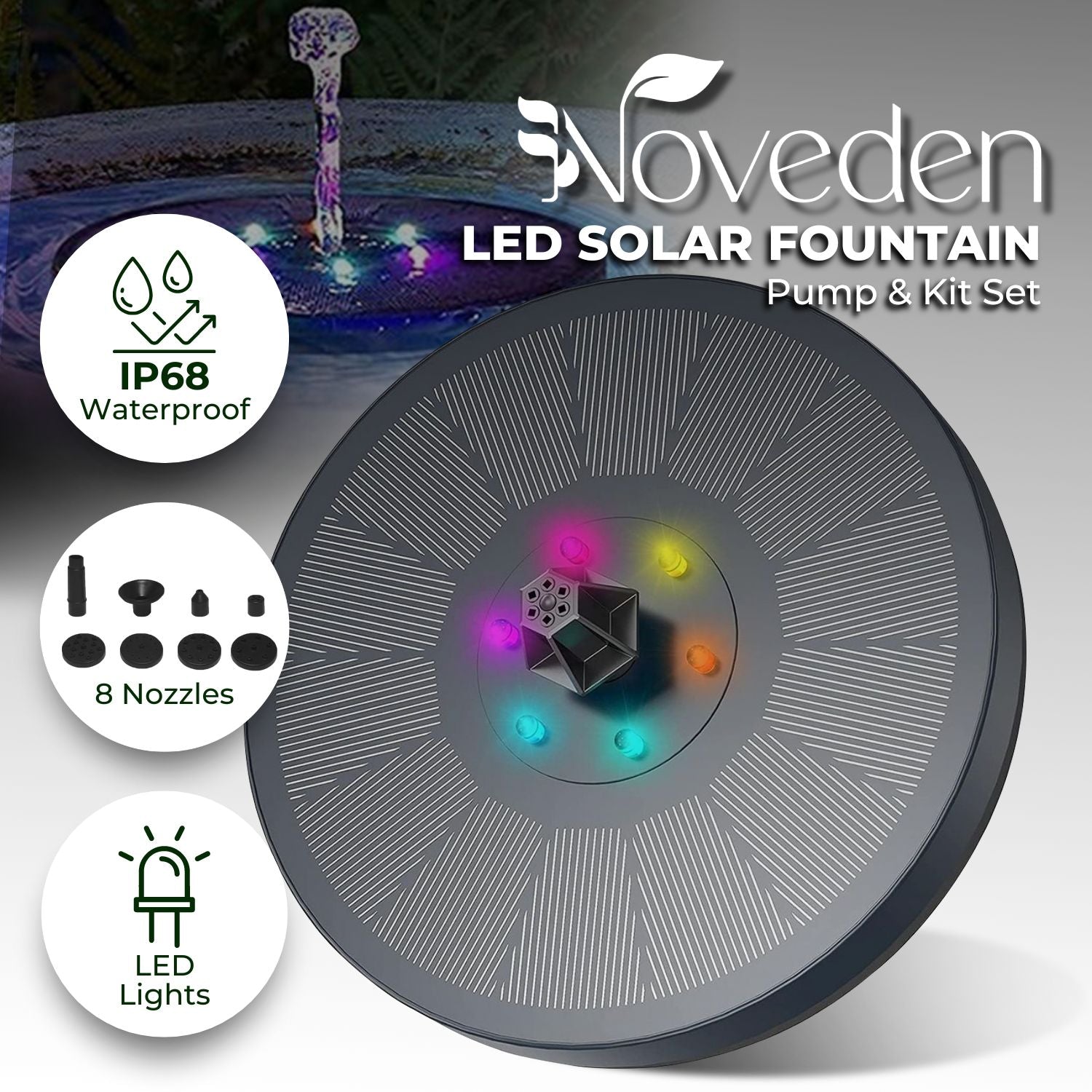 NOVEDEN Solar Fountain Water Pump for Bird Bath with RGB Color LED Lights (Black) NE-SPWF-102-SY