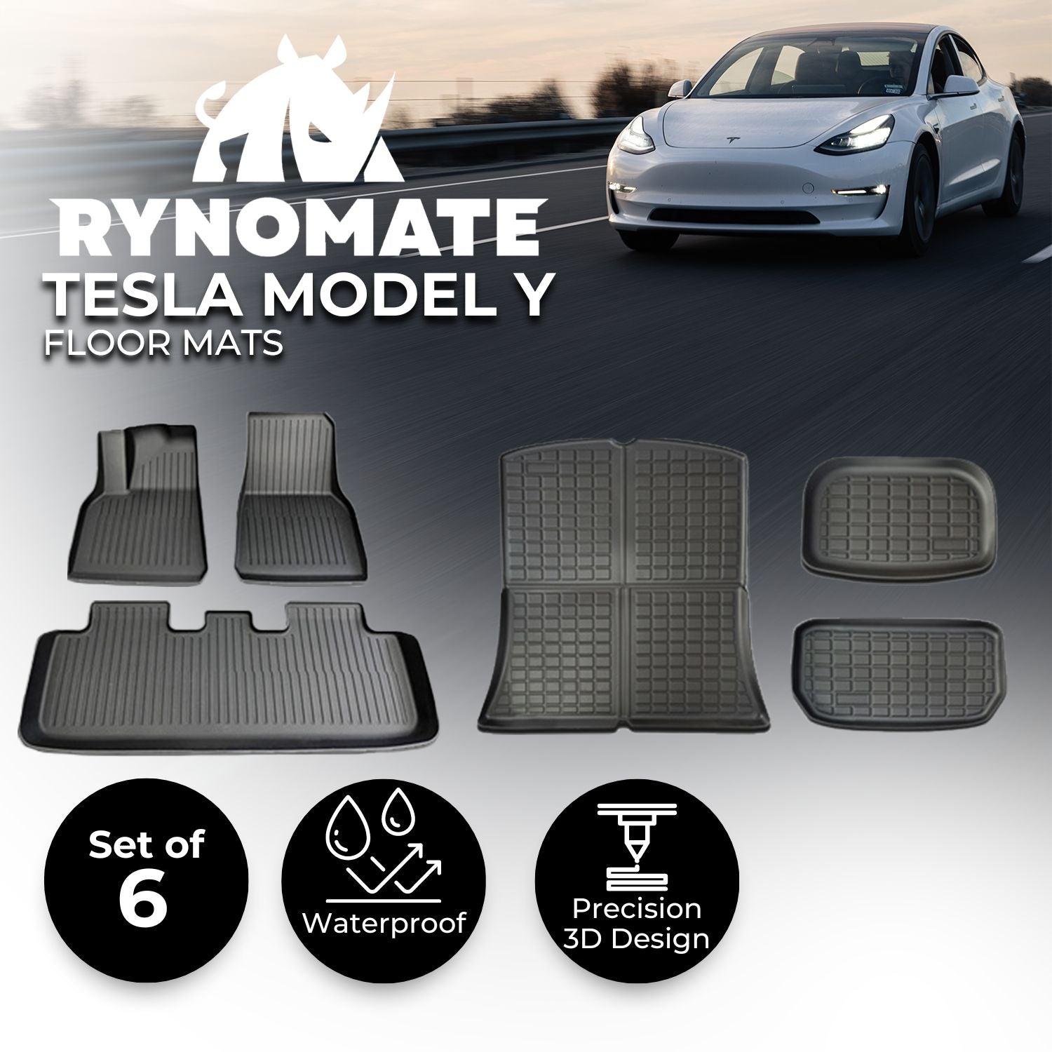 RYNOMATE Set of 6 Tesla Model-Y Floor Mats (Black) RNM-CM-100-BJ