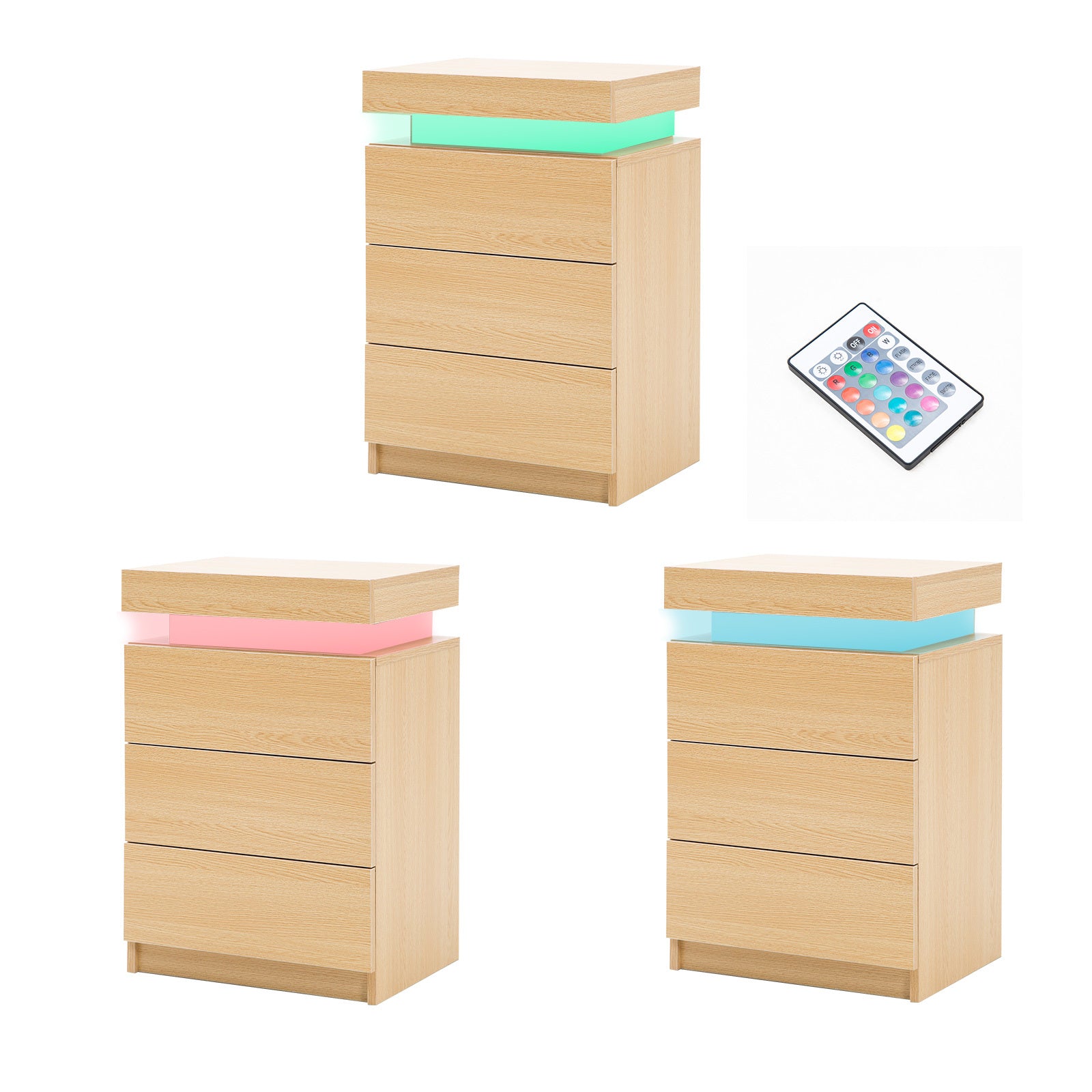 Bedside Table 3 Drawers RGB LED Bedroom Cabinet Nightstand Gloss GLORY OAK