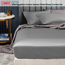 Ramesses 1500TC Elite Egyptian Cotton Sateen Fitted Sheet Combo Set Grey Queen