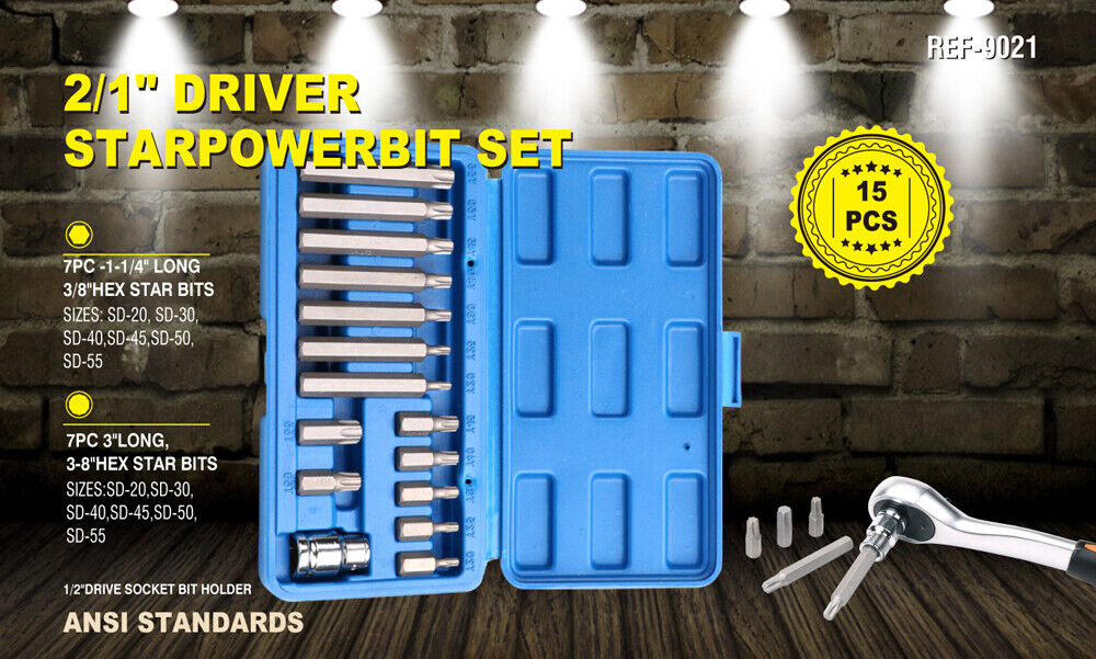 15Pc Torx Bit Set Long & Short Star Key Torque Bits 1/2