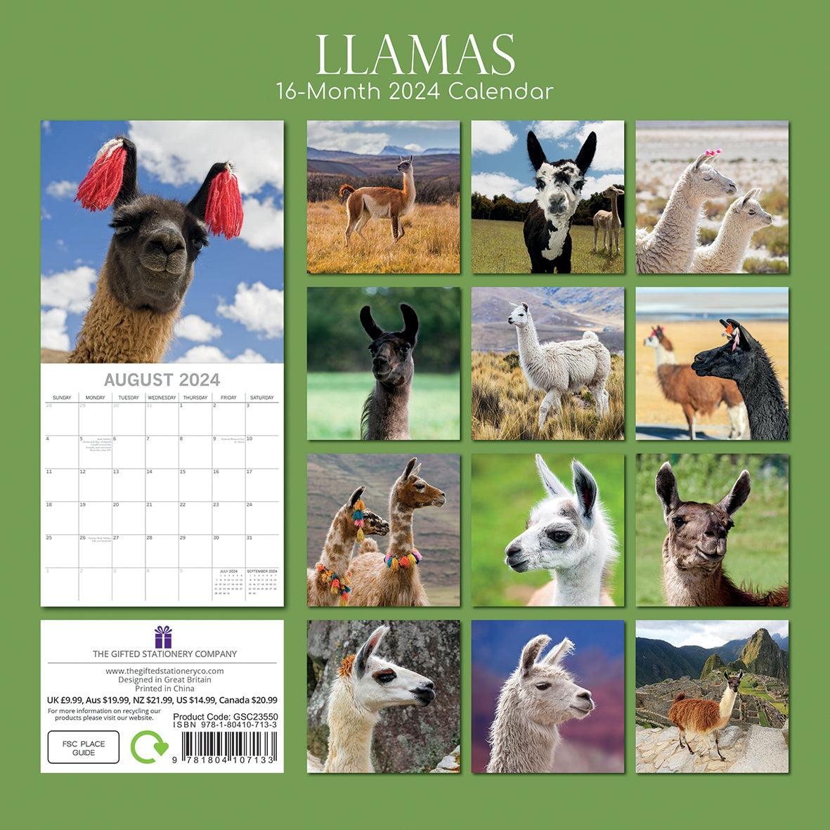 Llamas - 2024 Square Wall Calendar Pets Animals 16 Months New Year Planner Gift