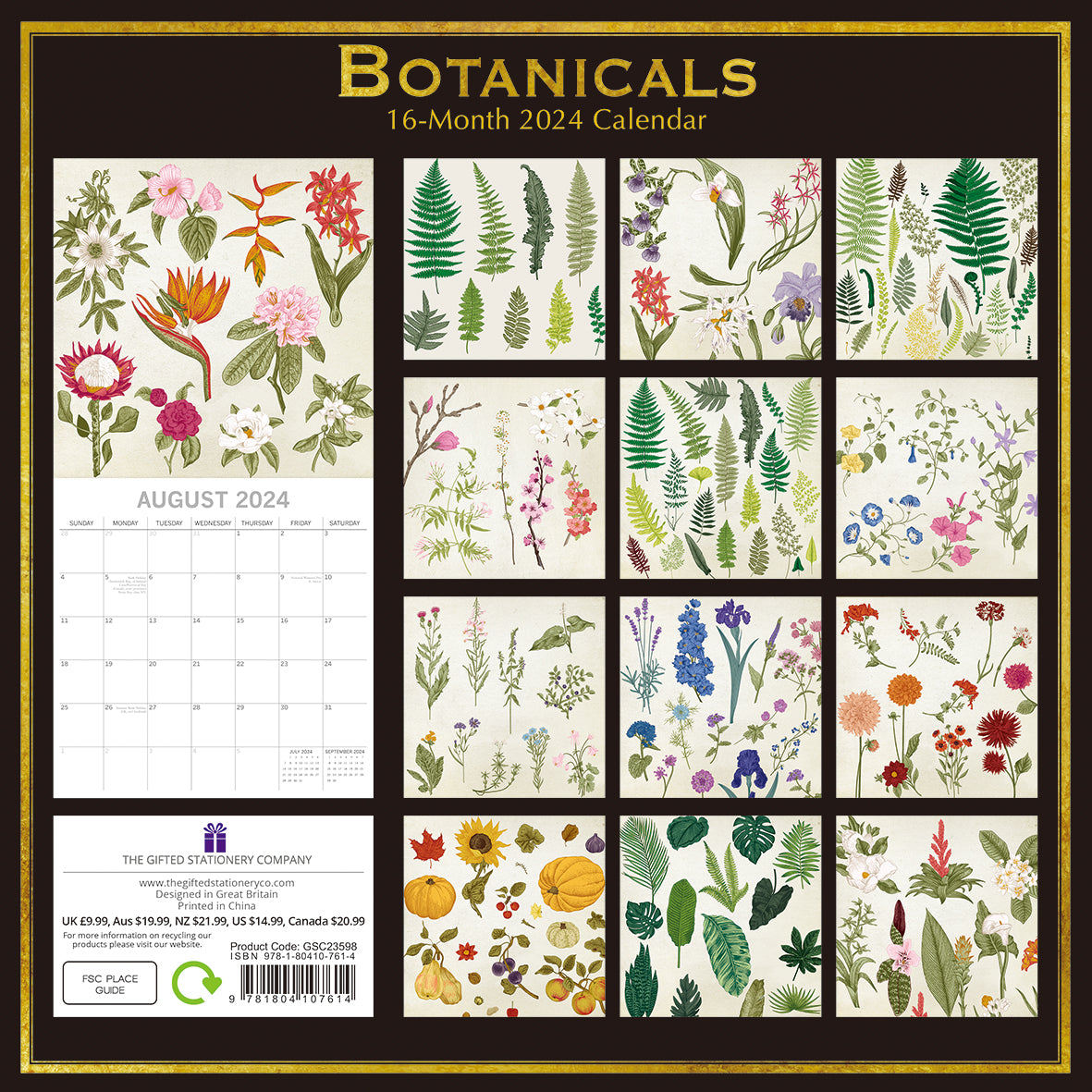Botanicals - 2024 Square Wall Calendar 16 Months Arts Planner Xmas New Year Gift