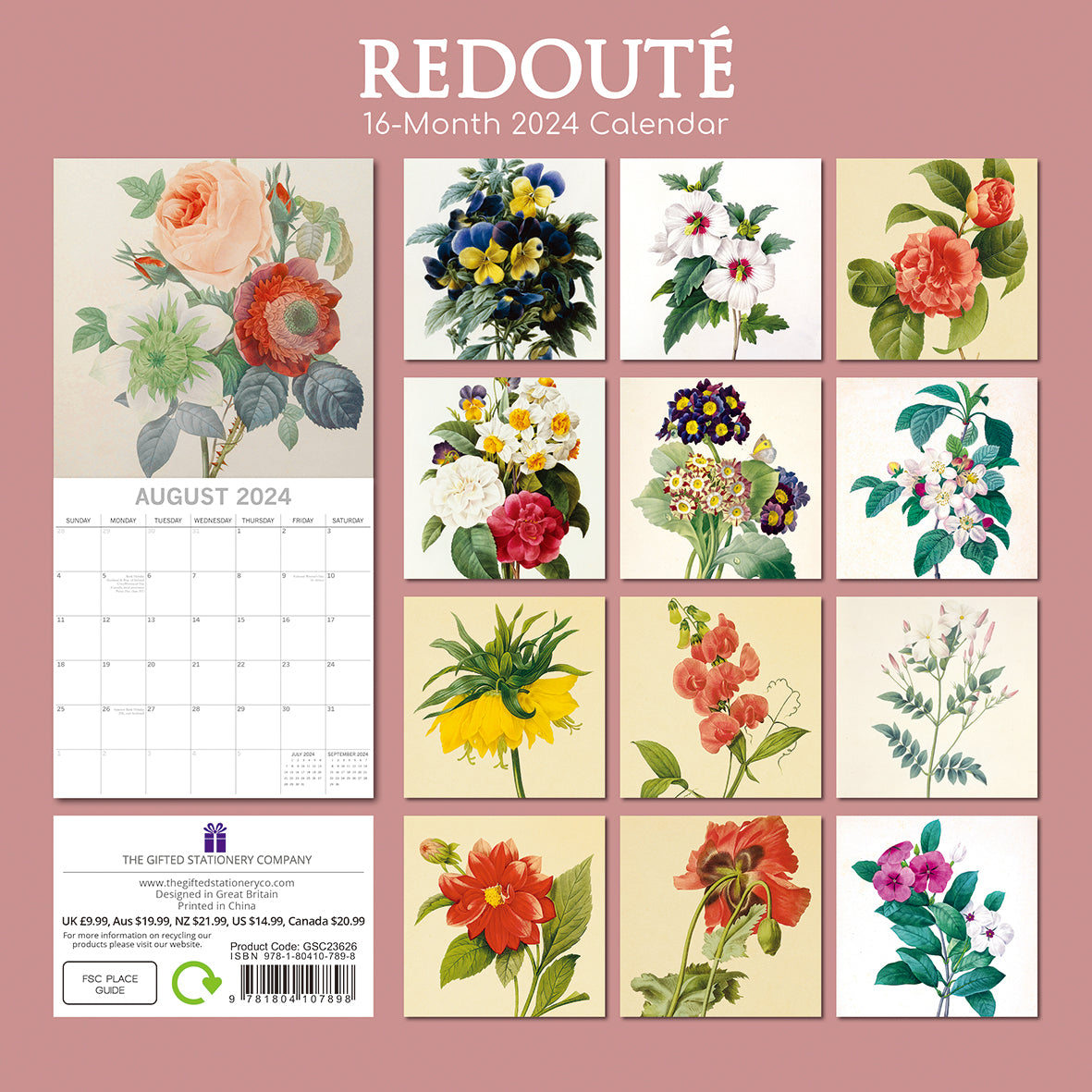 Redouté 2024 Square Wall Calendar 16 Months Arts Planner Christmas New Year Gift