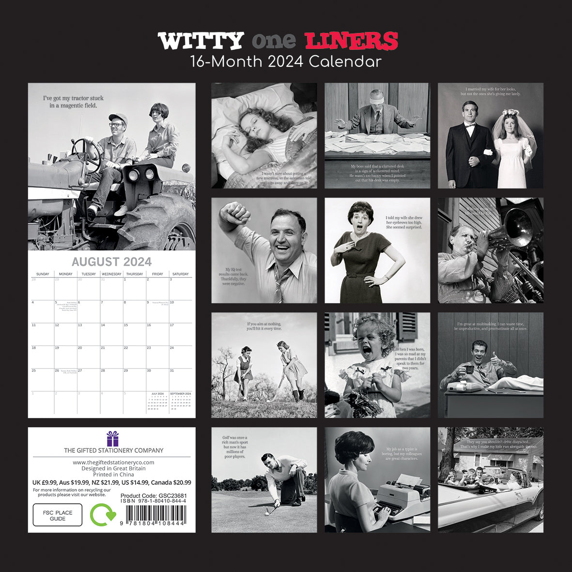 Witty One Liners - 2024 Square Wall Calendar 16 Months Fun Planner New Year Gift