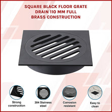 Square Black Floor Grate Drain 110 mm Full Brass Construction