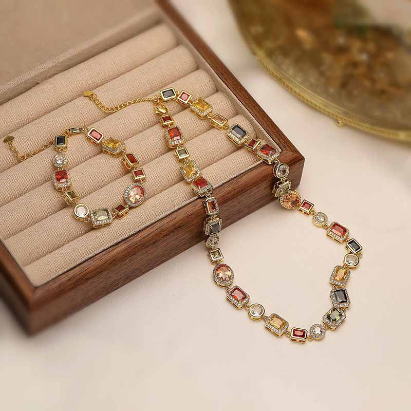 Gold Vintage Light Luxury Geometric Colorful Gemstone Choker Necklace (L: 45-50CM) - High-End Palace Style