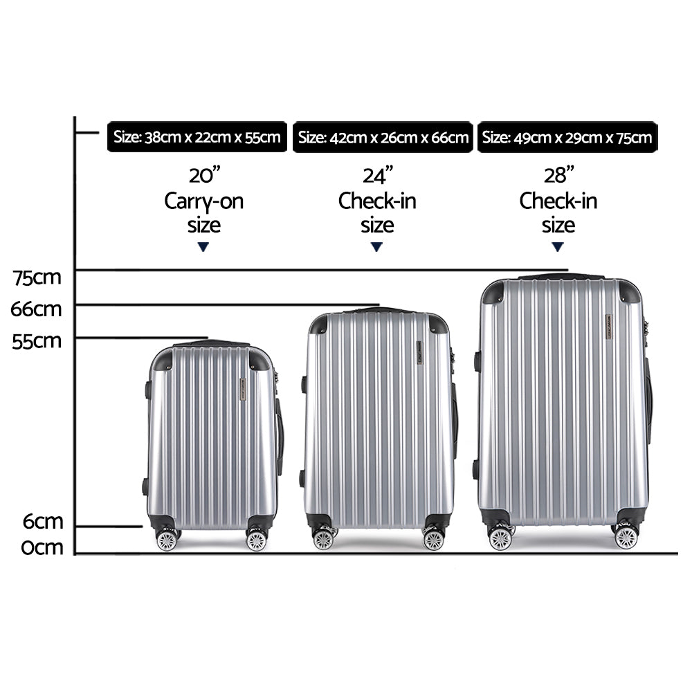 Wanderlite 3pc Luggage Sets Trolley Travel Suitcases TSA Hard Case Scale Silver