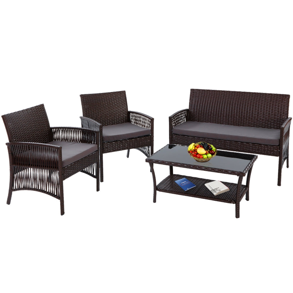 Gardeon Outdoor Furniture Rattan Set Wicker Cushion 4pc Brown