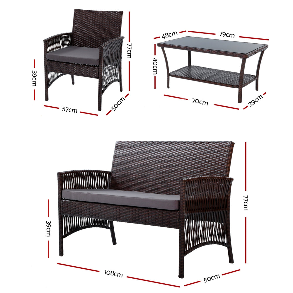Gardeon Outdoor Furniture Rattan Set Wicker Cushion 4pc Brown