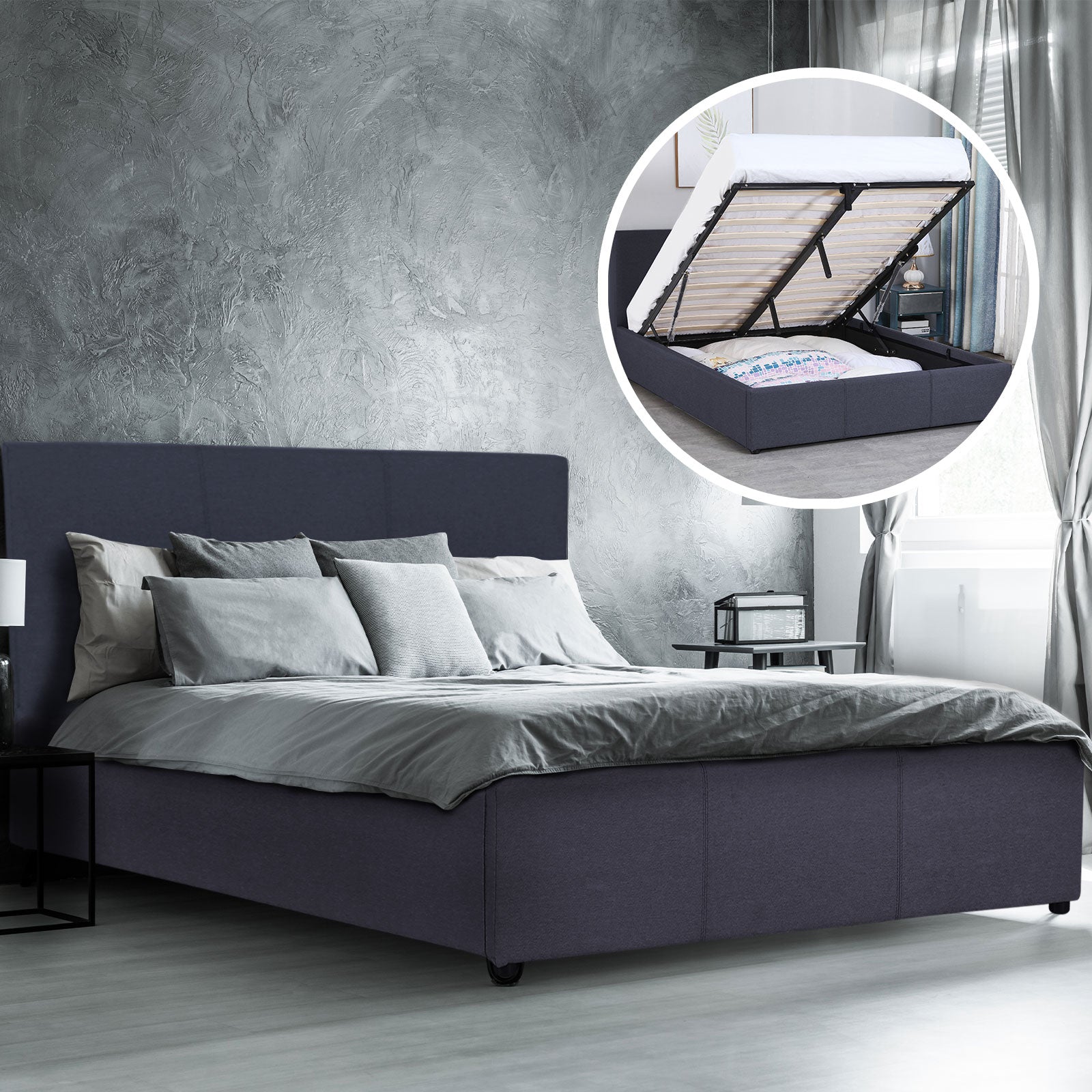 Milano Luxury Gas Lift Bed Frame Base And Headboard With Storage - Single - Charcoal