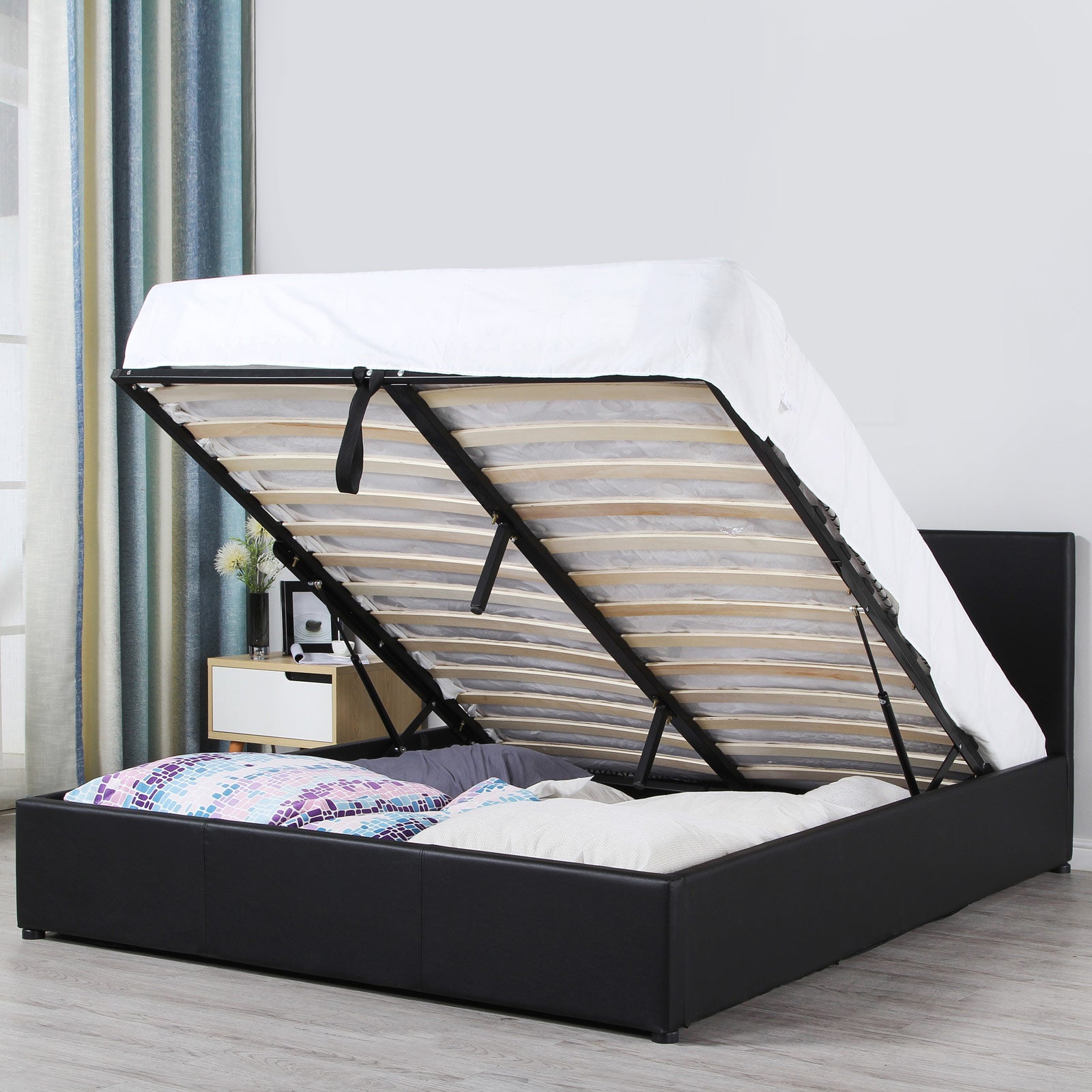 Milano Luxury Gas Lift Bed Frame And Headboard Double Queen King Black Dark Grey - King - Black