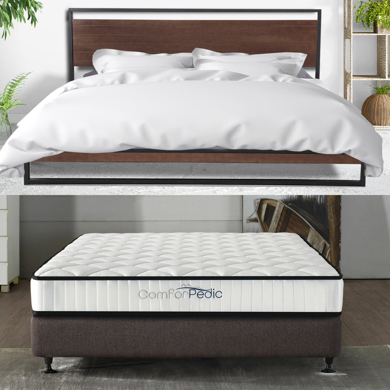 Azure Wood Bed Frame With Comforpedic Mattress Package Deal Bedroom Set - Queen - White  Brown