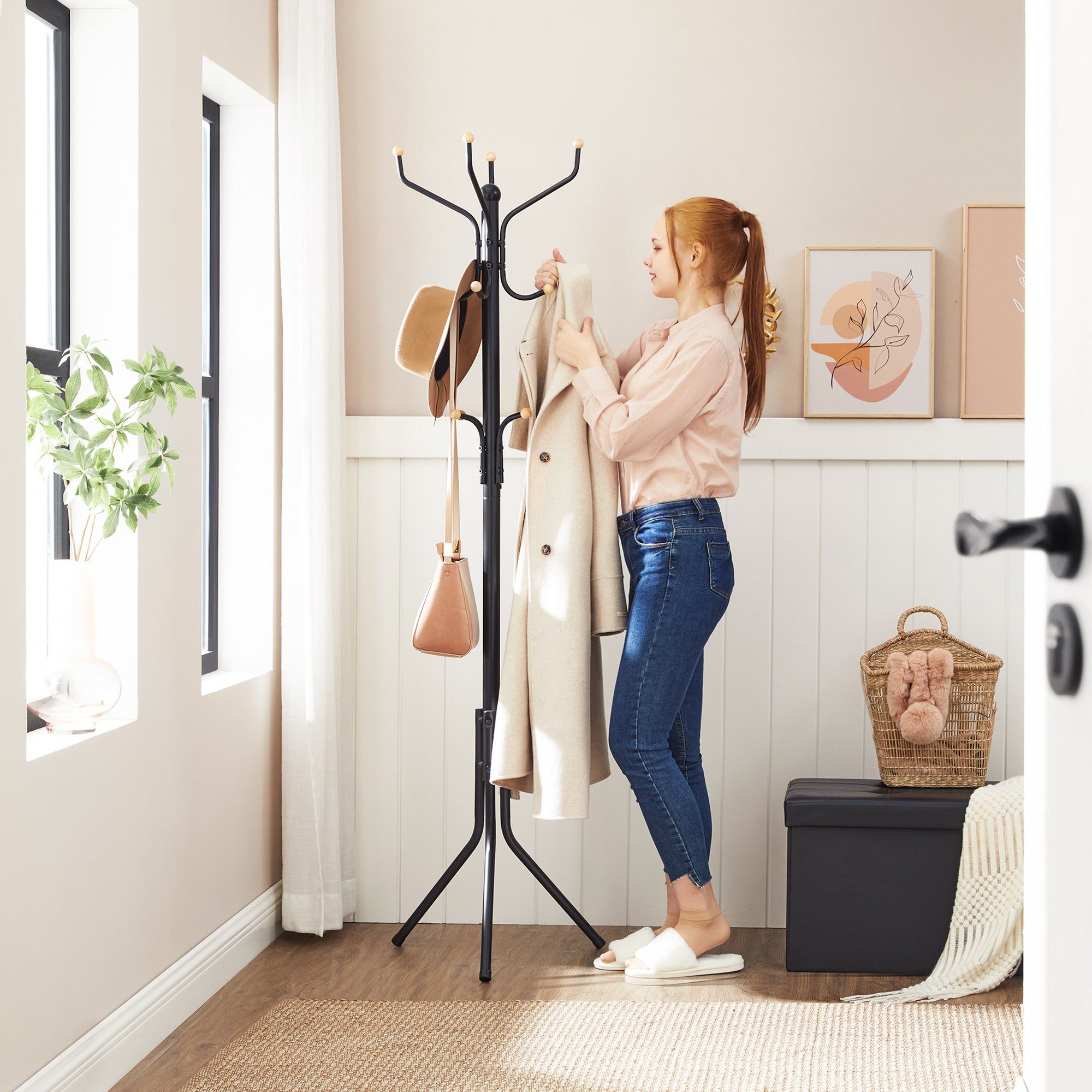 Black Metal Coat Rack, Hall Tree, 182cm Tall