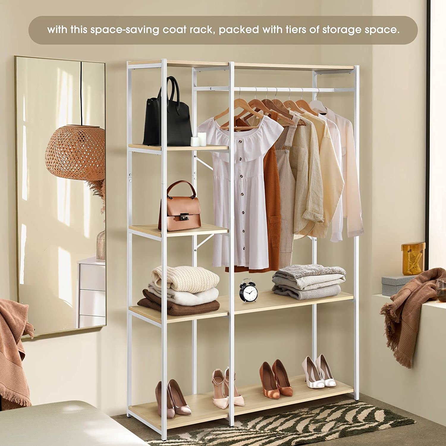 Industrial Garment Coat Rack Hanger Organizer and Shoe Storage (White)