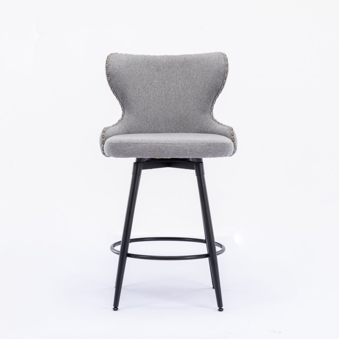2x Swivel Bar Stools Tufted Counter Chairs with Stud Trim and Metal Base-Dark Grey