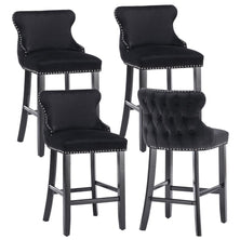4x Velvet Upholstered Button Tufted Bar Stools with Wood Legs and Studs-Black