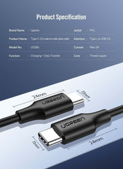 UGREEN USB-C 2.0 Male To USB-C 2.0 Male 3A Data Cable 3M (Black) 60788