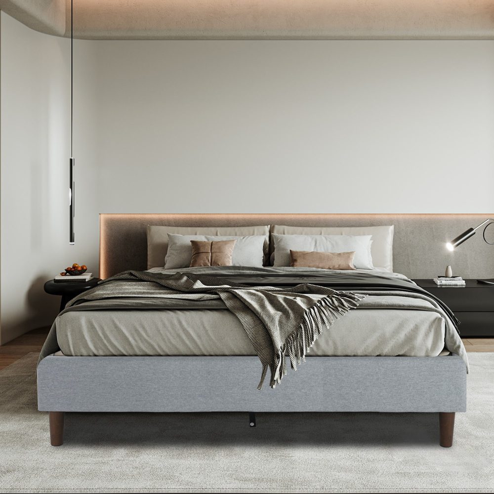 Bedframe with Wooden Slats (Light Grey) – Double