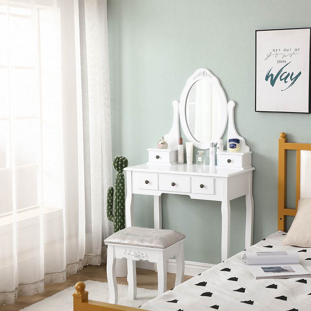 Carved Dressing Vanity Table Set with Mirror & Stool- White