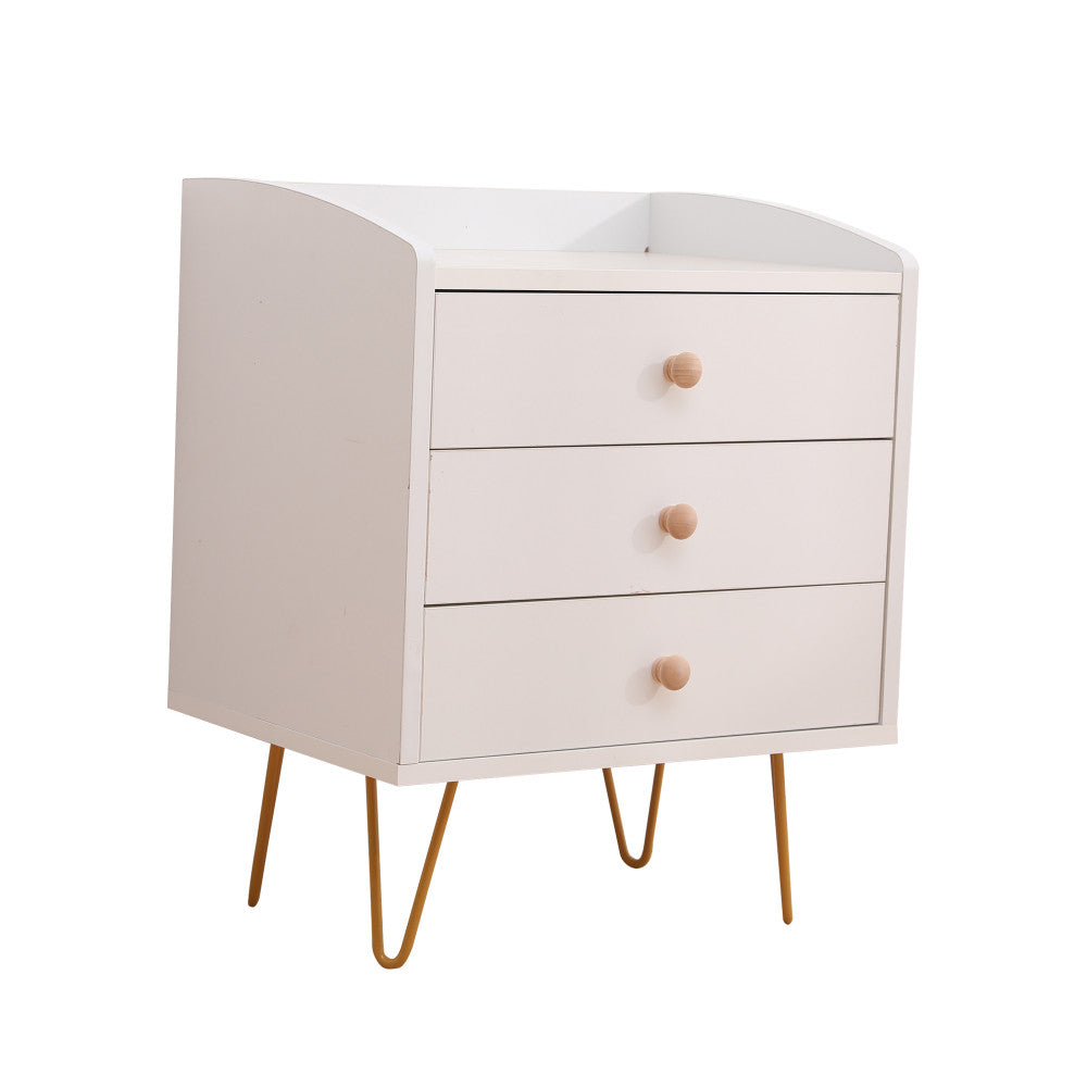 Winston 3 Drawer Nightstand Bedside Table with Gold Steel Legs Tray Top White