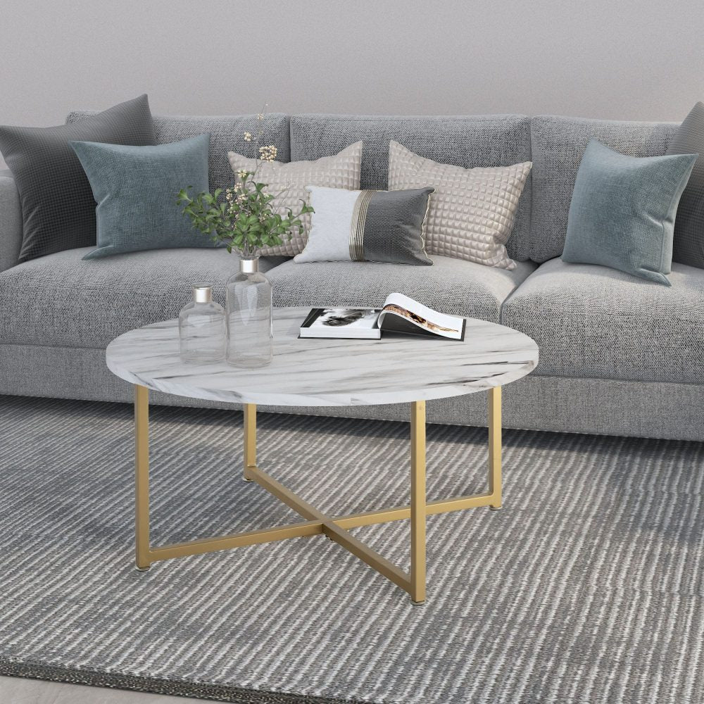 White Marble Effect Round Coffee Table with Gold Legs