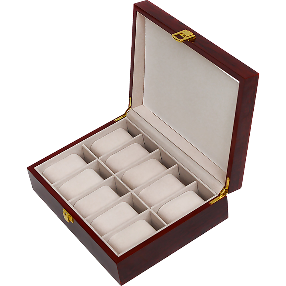 10 Grids Wooden Watch Case Glass Jewellery Storage Holder Box Wood Display
