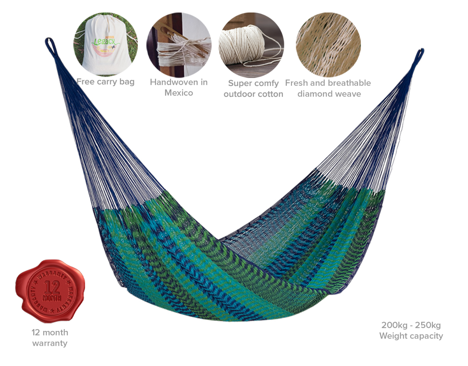 Mayan Legacy Queen Size Outdoor Cotton Mexican Hammock in Caribe Colour