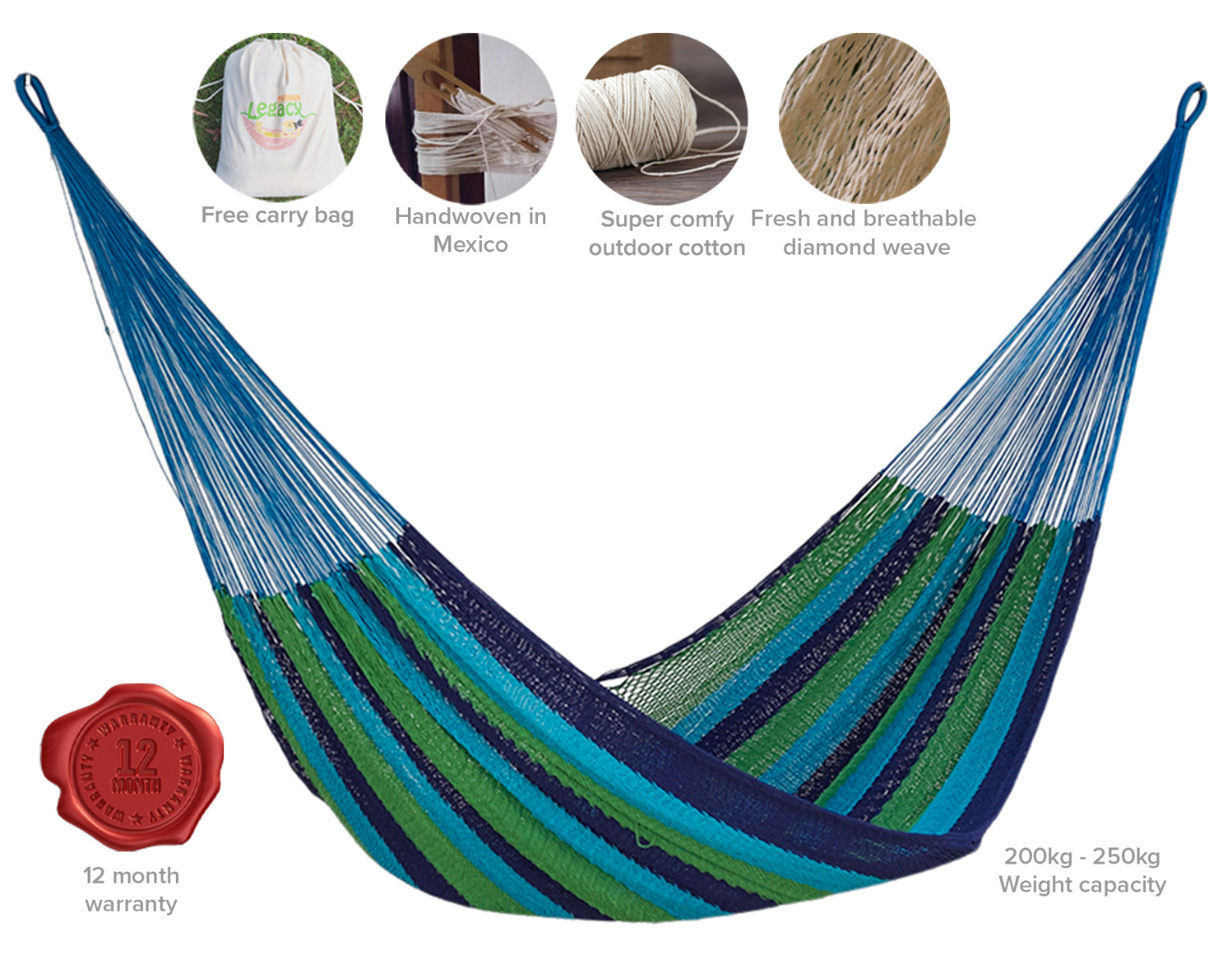 Mayan Legacy Jumbo Size Outdoor Cotton Mexican Hammock in Oceanica Colour