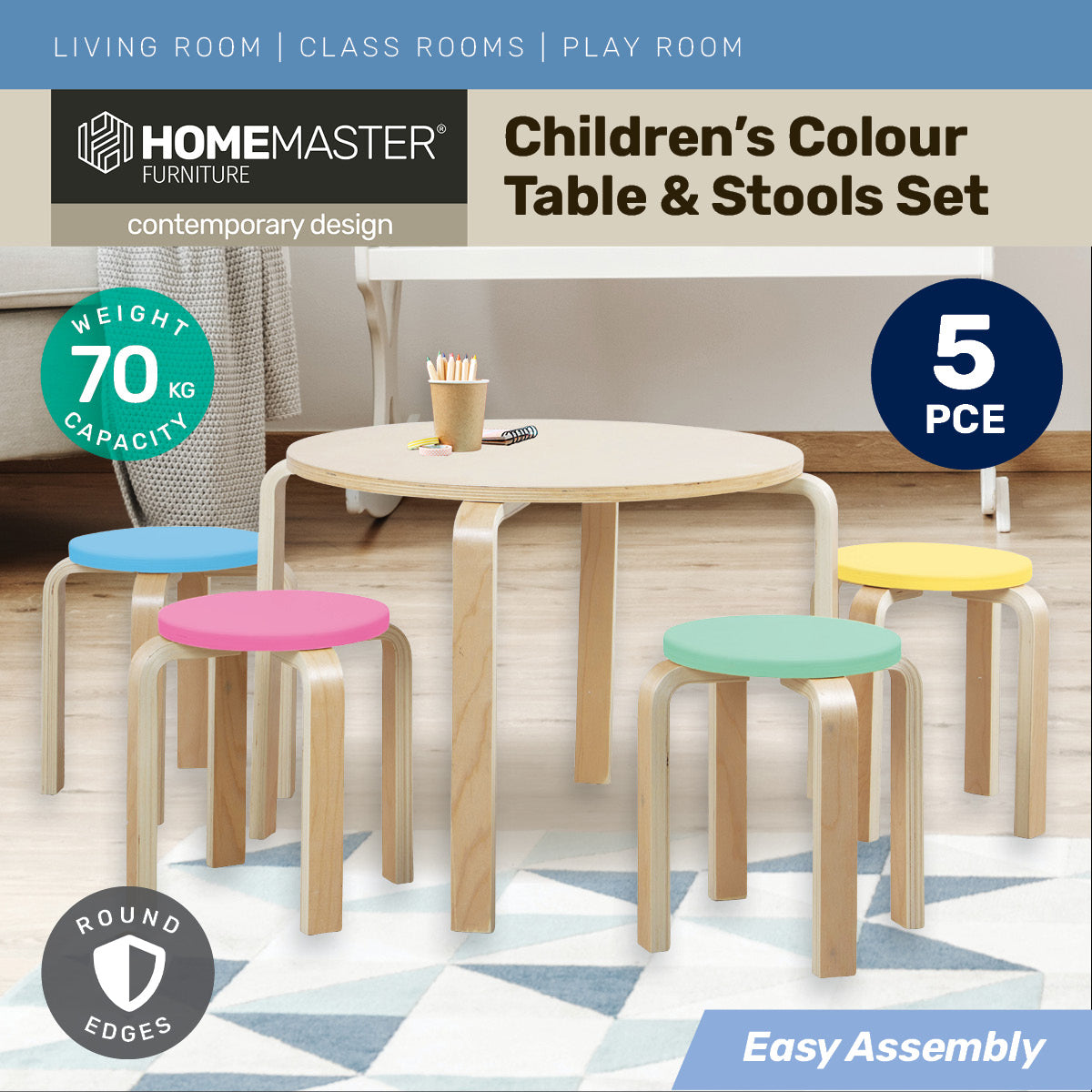 Home Master 5PCE Kids Wooden Table & Coloured Stools Set Stackable Sturdy